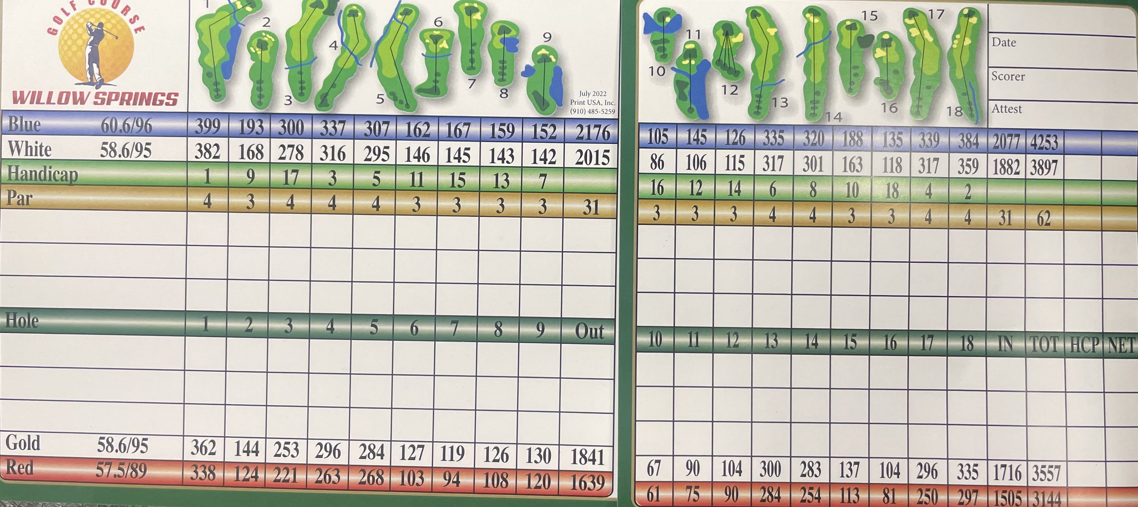 Scorecard Willow Springs Golf Course